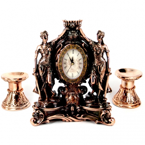 Набор каминные часы Фемида и 2 подсвечника для широкой свечи 